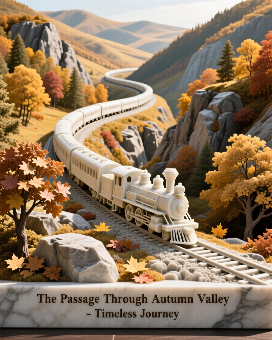 An evocative depiction of a train winding through a golden autumn valley, captured with cinematic depth and detail, balancing detail with emotional depth