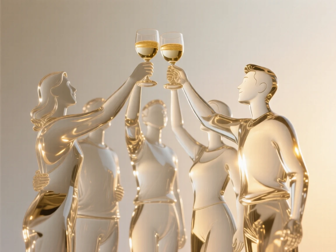 A group of friends toasting together at a celebration as golden light spills across the room, while the moment seems to stretch on peacefully