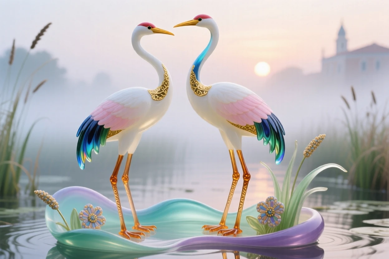 A pair of cranes standing together in a misty wetland at sunrise, elegant and serene.
