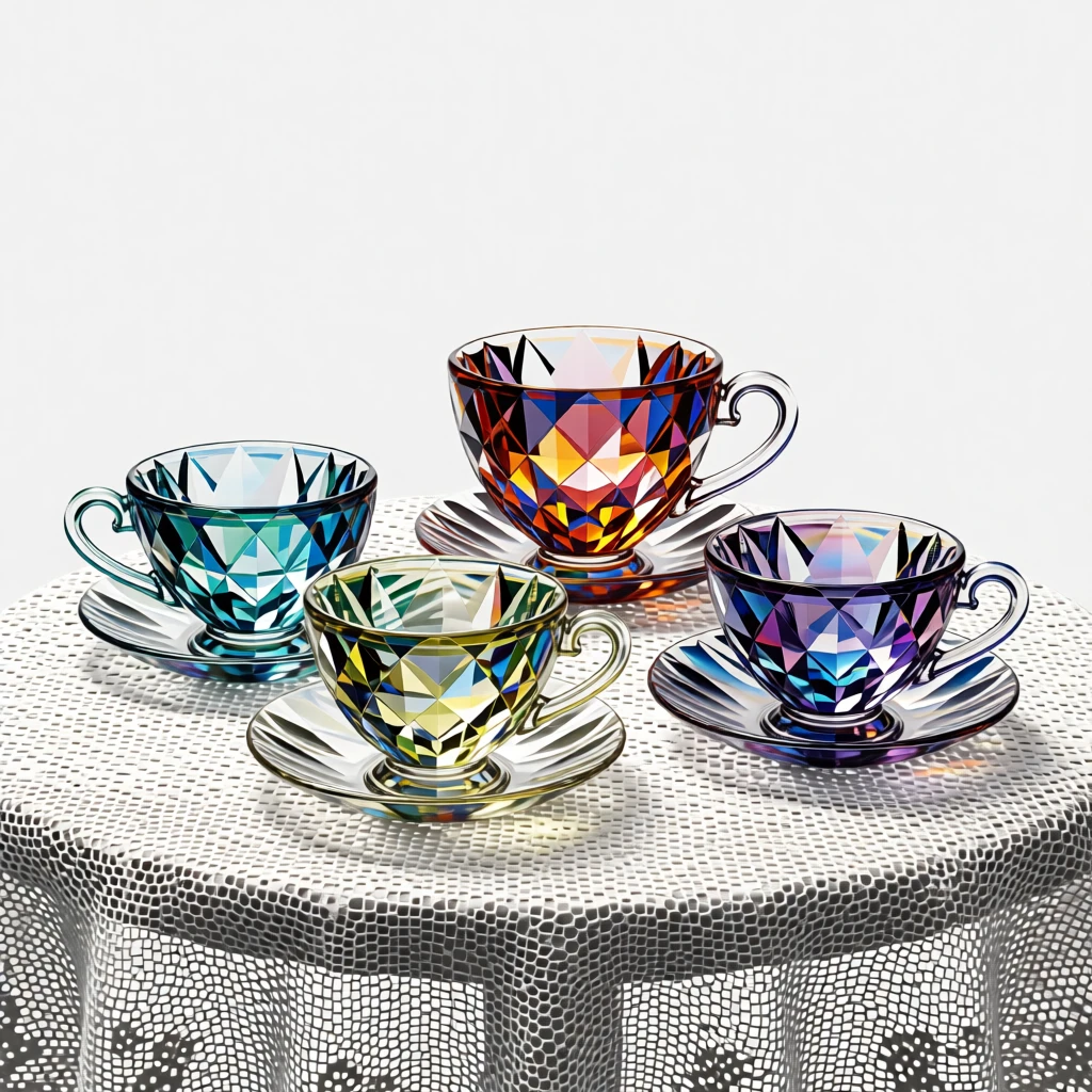 A set of fine bone china teacups arranged on a lace tablecloth with soft window light.