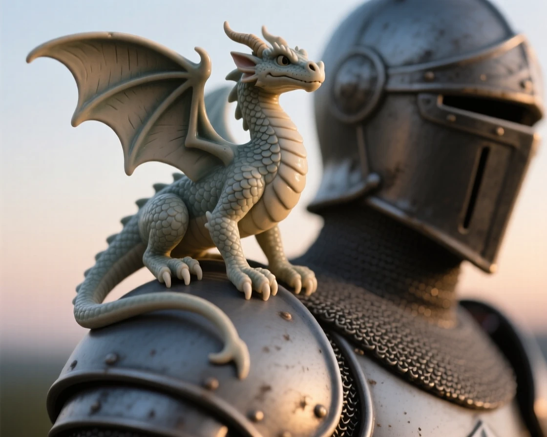 A tiny dragon perched on a knight's shoulder rearing on hind legs in triumphant display, its wings catching the last light of dusk, stirring a sense of awe and quiet reverence.
