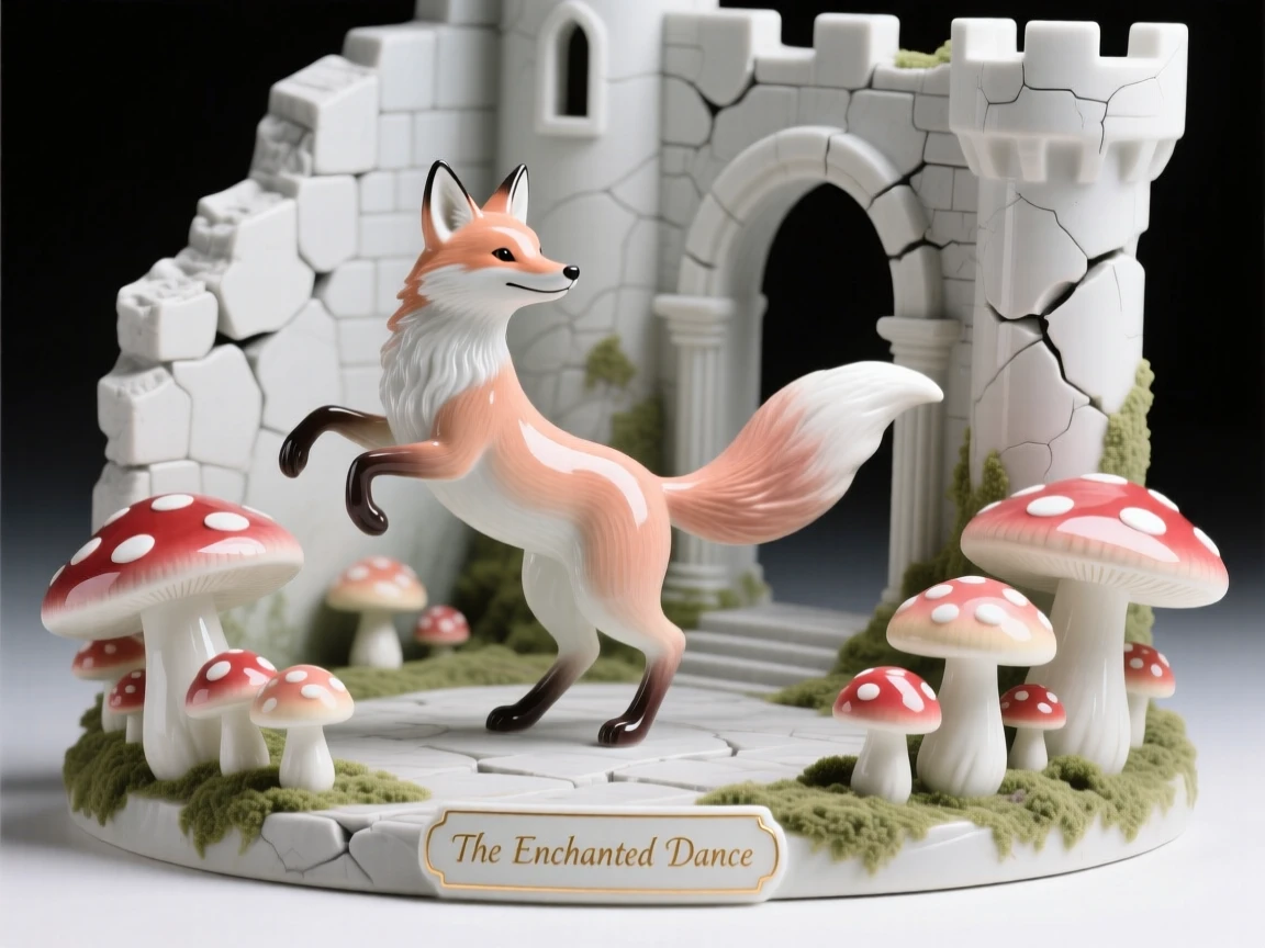 A whimsical scene of a talking fox dancing in a ring of toadstools in a crumbling storybook castle.