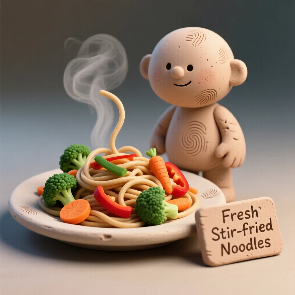 A steaming plate of stir-fried noodles tossed with fresh vegetables