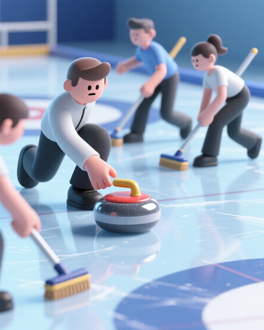 A focused curler slides a polished stone smoothly across gleaming ice, teammates sweeping furiously ahead of it.