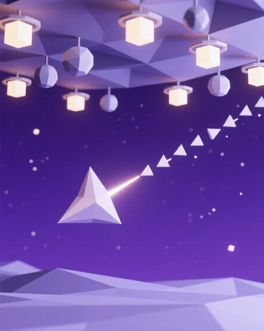 A shooting star streaking across a deep purple sky, beneath a canopy of dreamlike floating light. soft glowing light sources create a sense of depth and scale. The scene radiates a calm, meditative stillness.