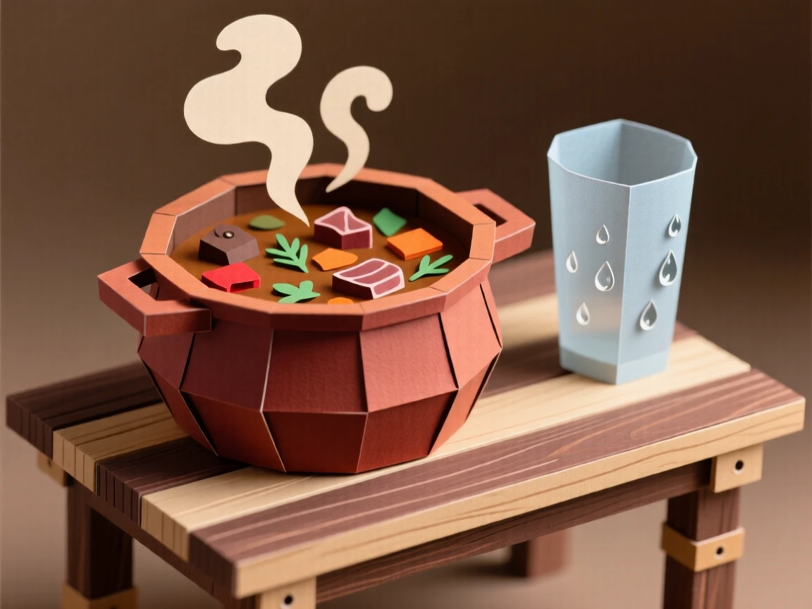 A rich pot of simmering stew set on a rustic wooden table, with condensation beading on a nearby glass, conveying fresh, wholesome appeal.