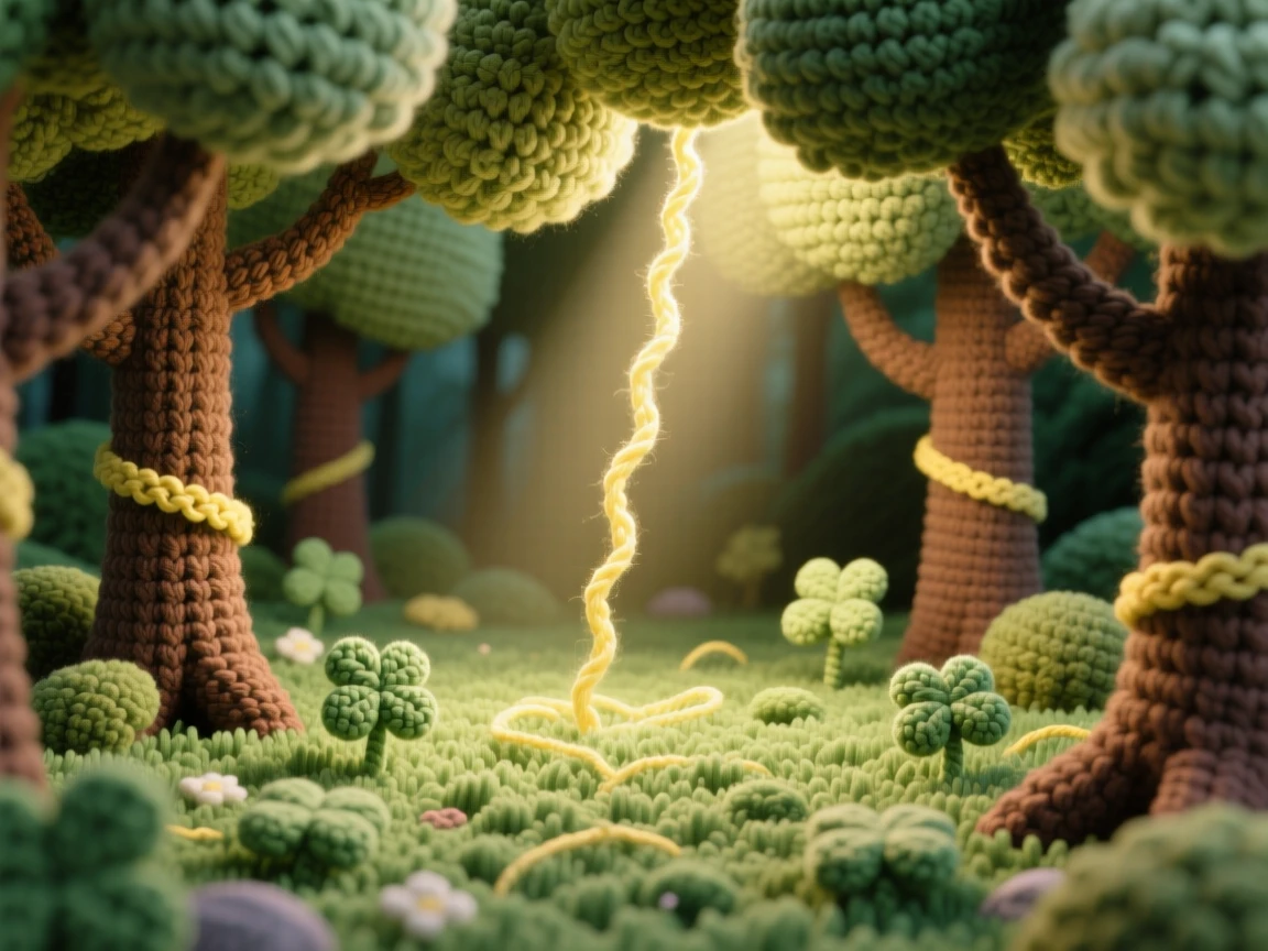 A picturesque scene featuring a small hidden meadow deep in the woods, carpeted in soft clover, lit by scattered beams of sunlight nestled within a quiet, secluded valley, accompanied by a soft beam of light breaking through the trees, capturing calm, restorative stillness.