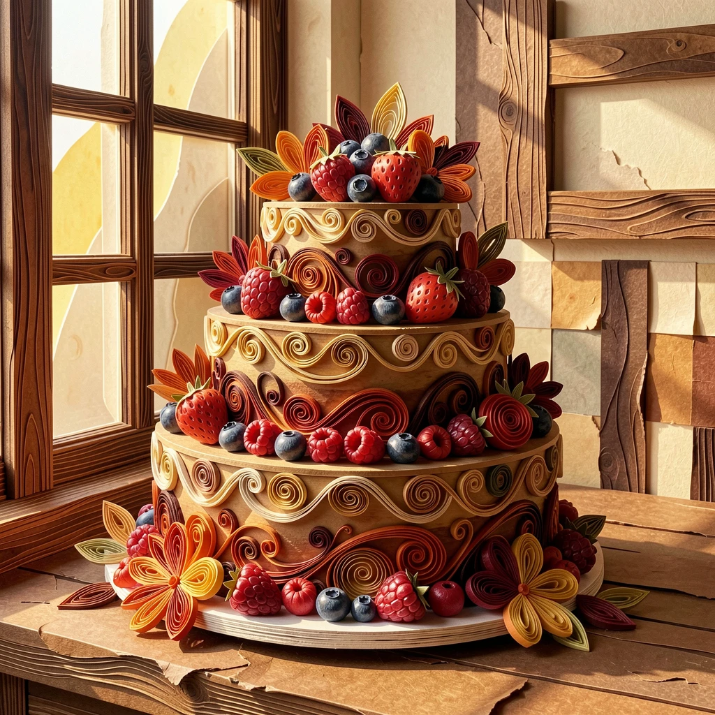 a tiered cake decorated with fresh berries and flowers, beside a sunlit kitchen window, arranged with rustic textures adding warmth, in cozy autumnal tones of rust and brown.
