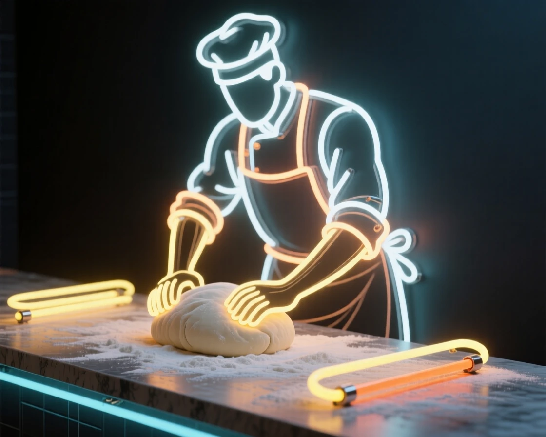 A baker kneading dough on a flour-dusted countertop.