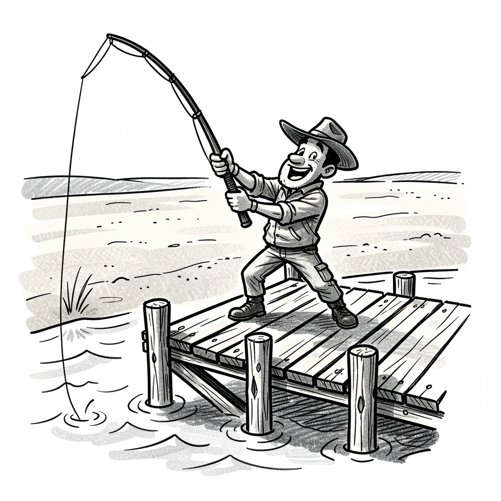 A fisherman casting a line from a riverside dock across a wide sandy beach.