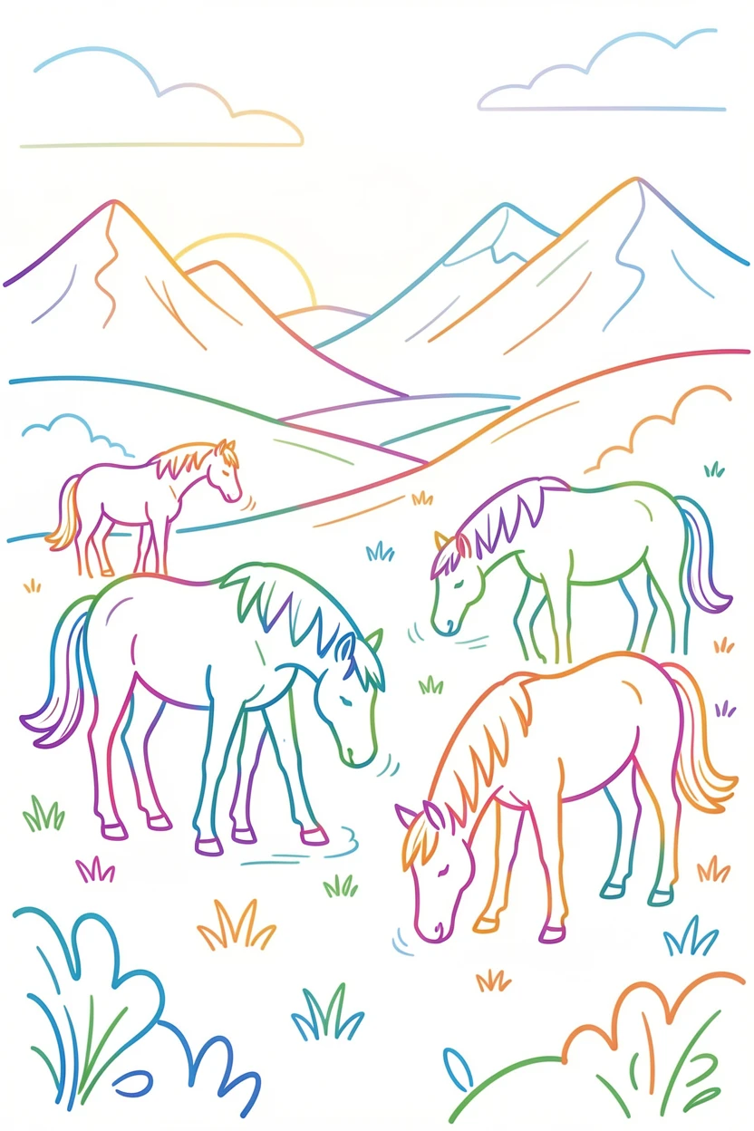 A quiet mountain meadow filled with grazing wild horses at dawn.