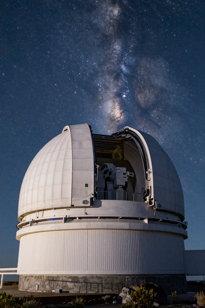 A telescope observatory dome opening to reveal the night sky
