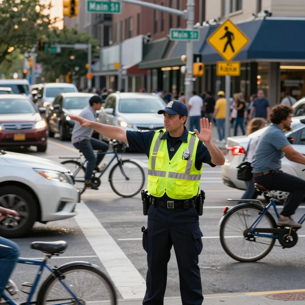 A traffic officer directs a chaotic intersection with sharp hand gestures.