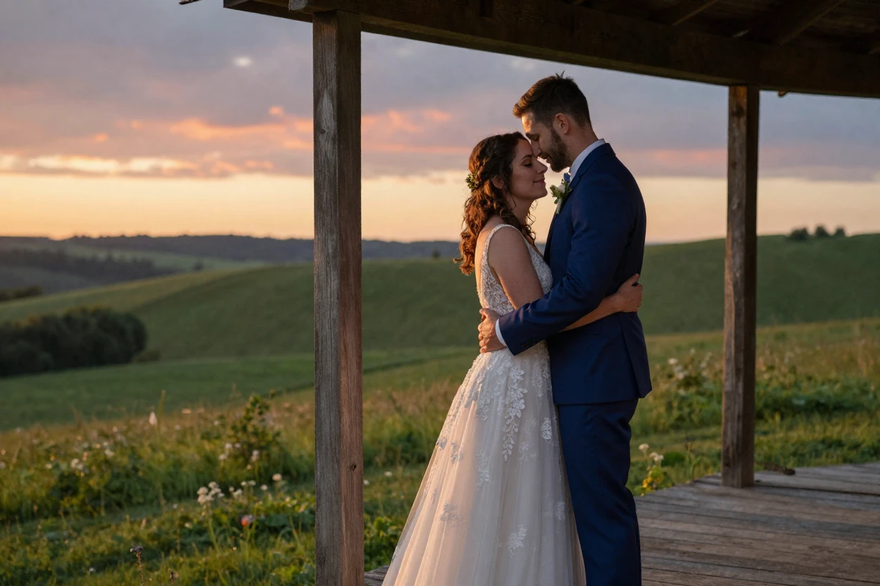 A newlywed couple embracing on a wooden porch overlooking rolling hills as the day comes to an end