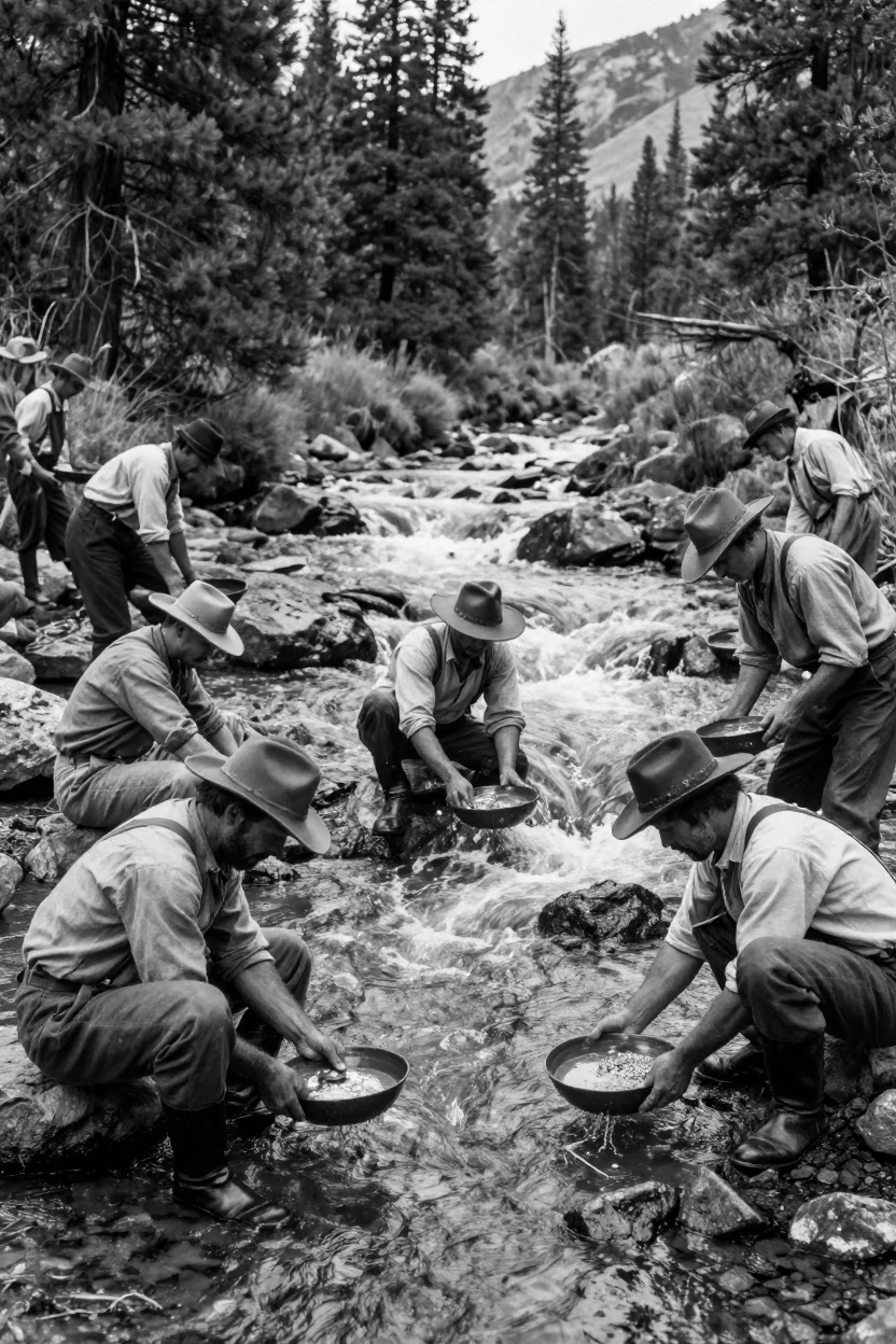 A group of miners pans for gold in a mountain stream along a rushing frontier creek.