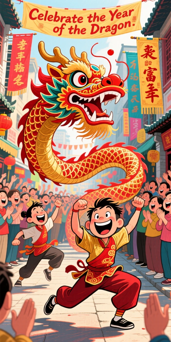 Dancers performing a traditional Chinese dragon dance winding through a crowded street.