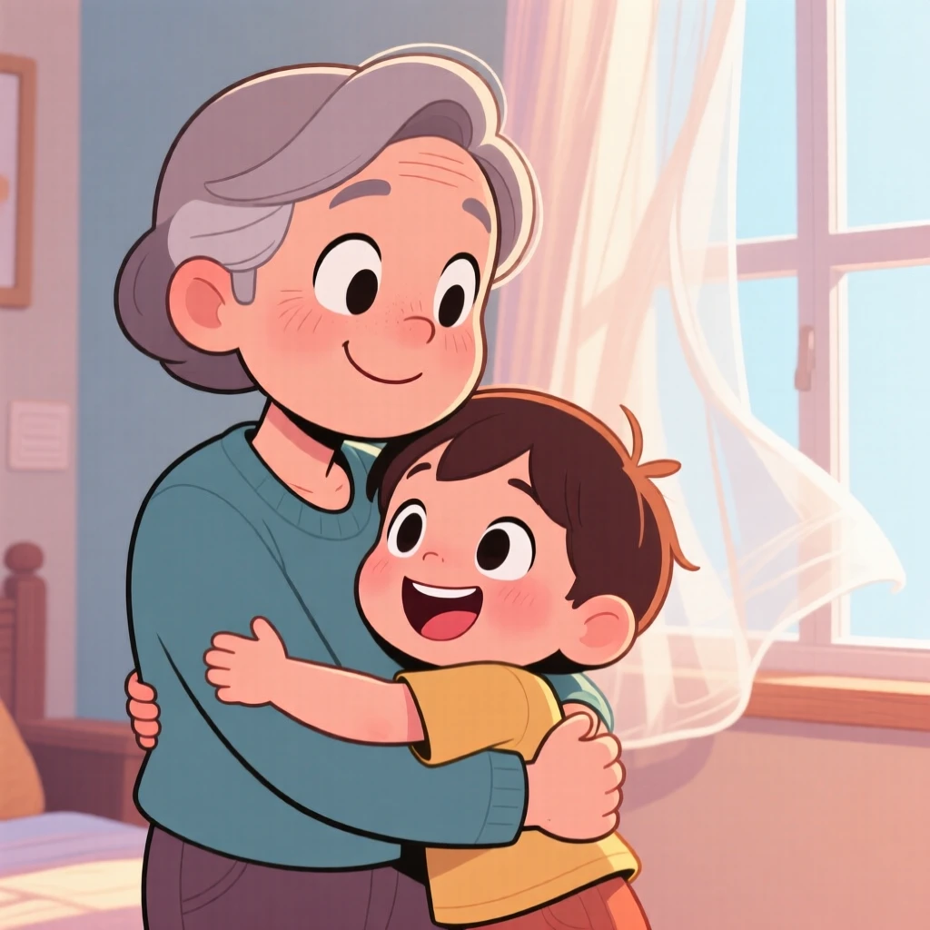 A heartwarming moment depicting a young child sharing an unexpected, tender embrace, as a gentle breeze stirs nearby curtains.