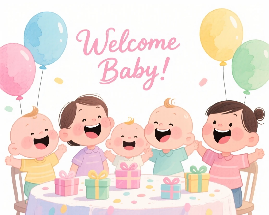 A joyful celebration scene of a baby shower with pastel balloons and tiny gifts, bursting with color and joy