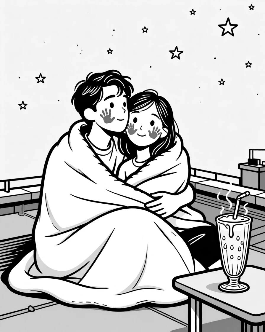 A couple stargazing wrapped in one oversized blanket, leaving handprints of paint on each other's cheeks, set on a rooftop blanket under a clear night sky. The milkshake glass sweats condensation onto the table. It captures romance in its most playful, everyday form.