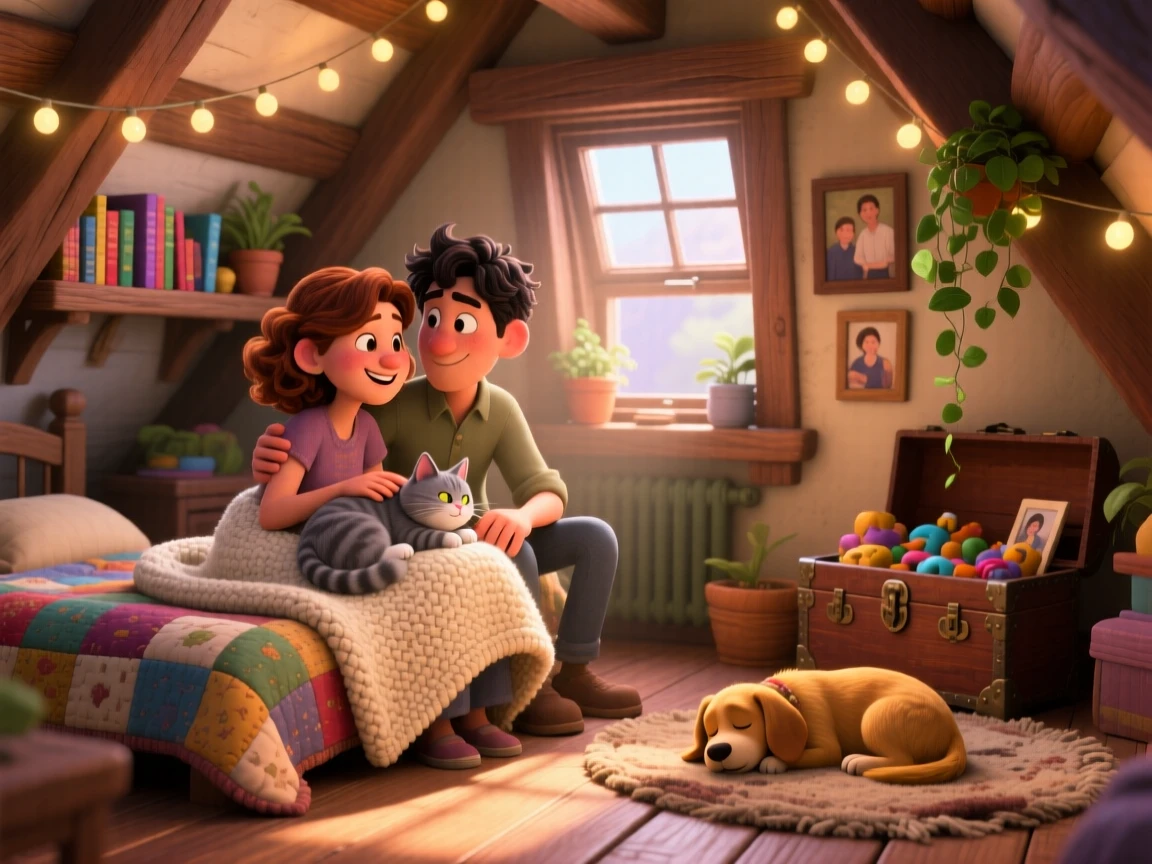 A couple sharing a blanket sits in an attic room with slanted wooden beams, petting a cat curled on their lap. A gentle nostalgia and calm settle over the scene, with a small dog dozing nearby.