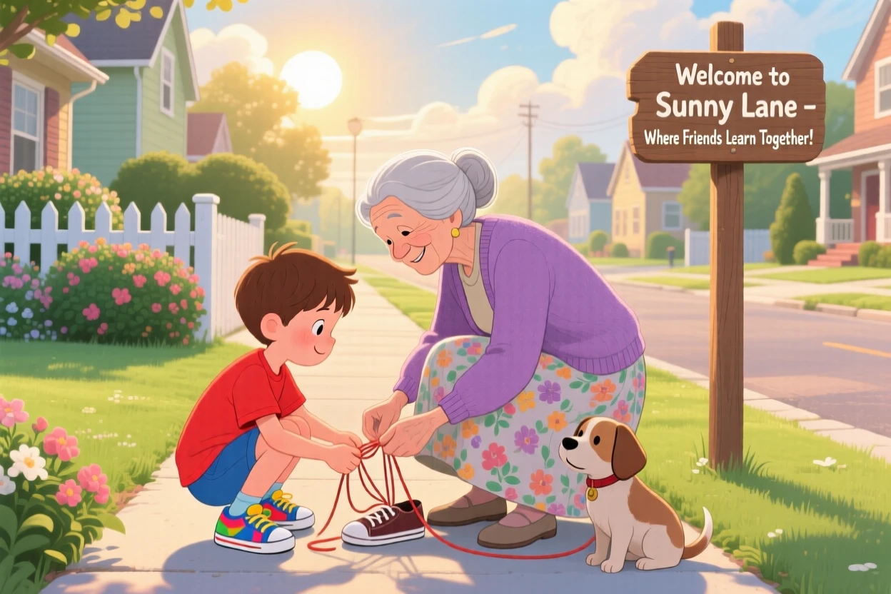 In a quiet neighborhood sidewalk, a young boy and an elderly neighbor bond over teaching each other to tie their shoelaces, while the sun breaks through the clouds.