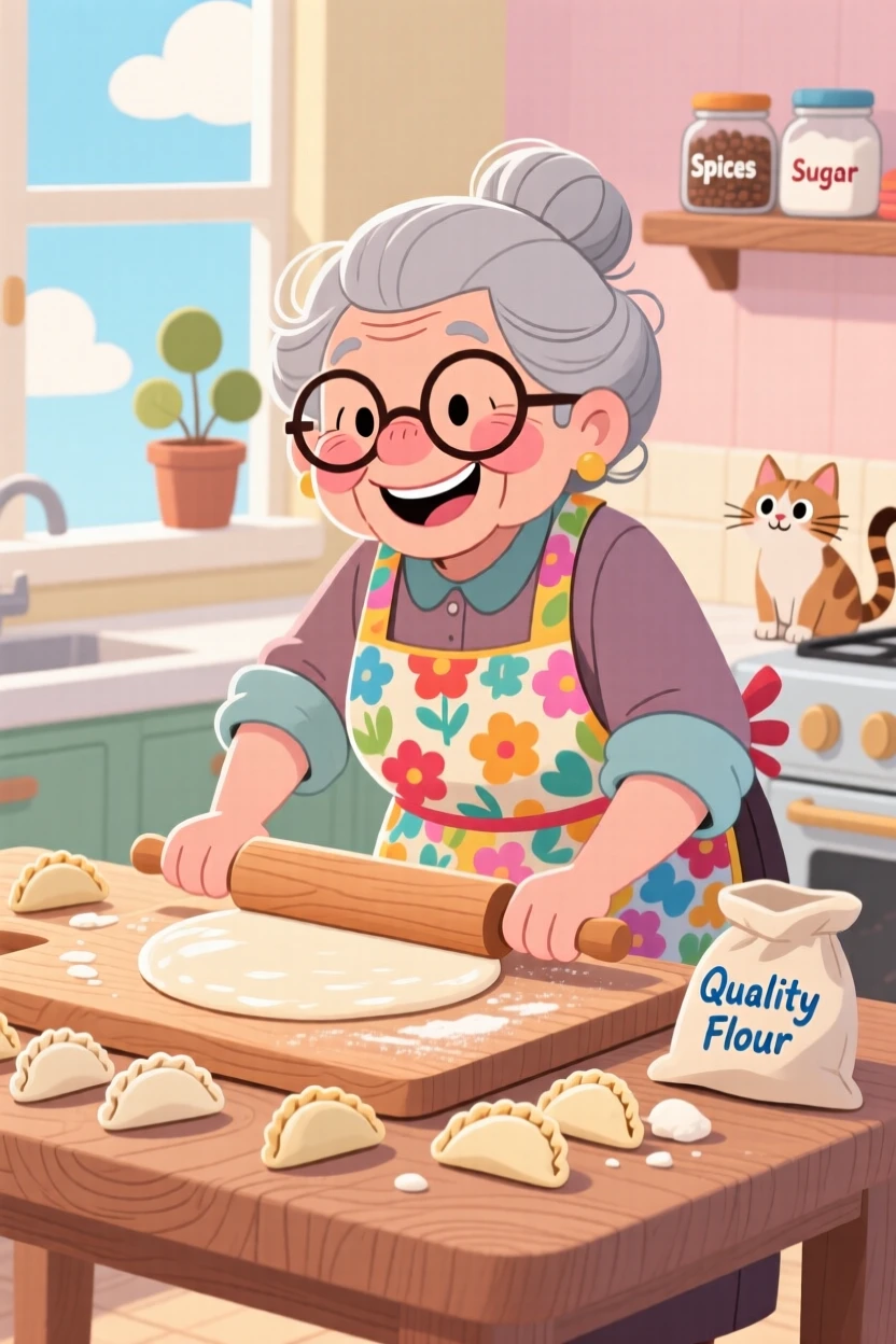 A grandmother rolling out dough for empanadas on a wooden board.