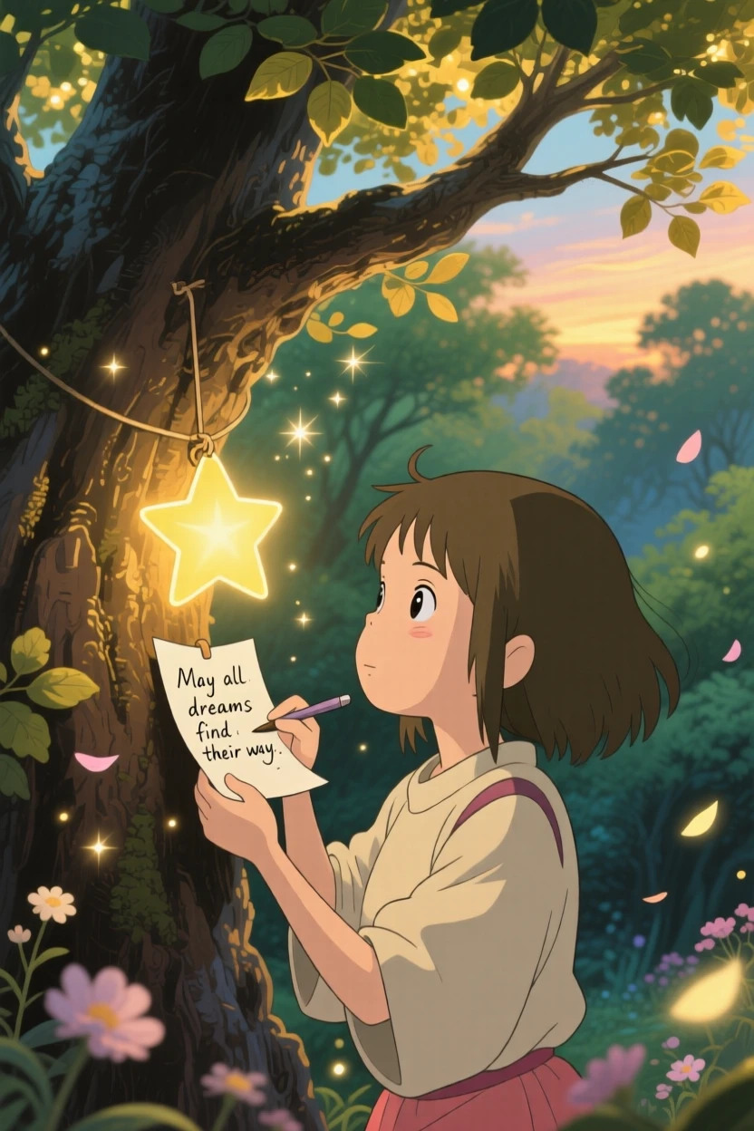 A tender moment of a girl writing a wish on a paper star before hanging it on a tree, the scene deeply heartfelt.