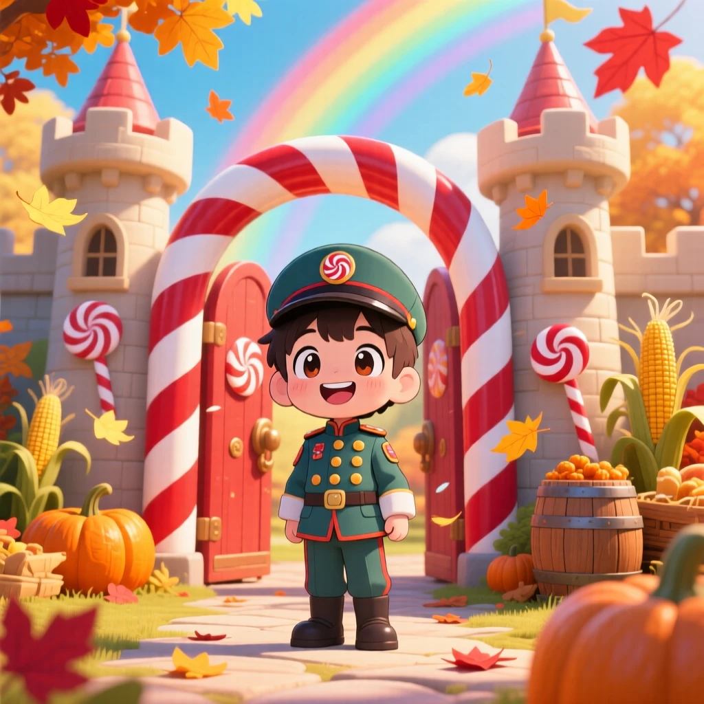 In a whimsical castle entrance, a young guard is standing proudly at a candy-cane striped gate during golden autumn harvest season, bathed in bright rainbow-tinted light, expression full of delighted joy. Shot as a full-body shot.