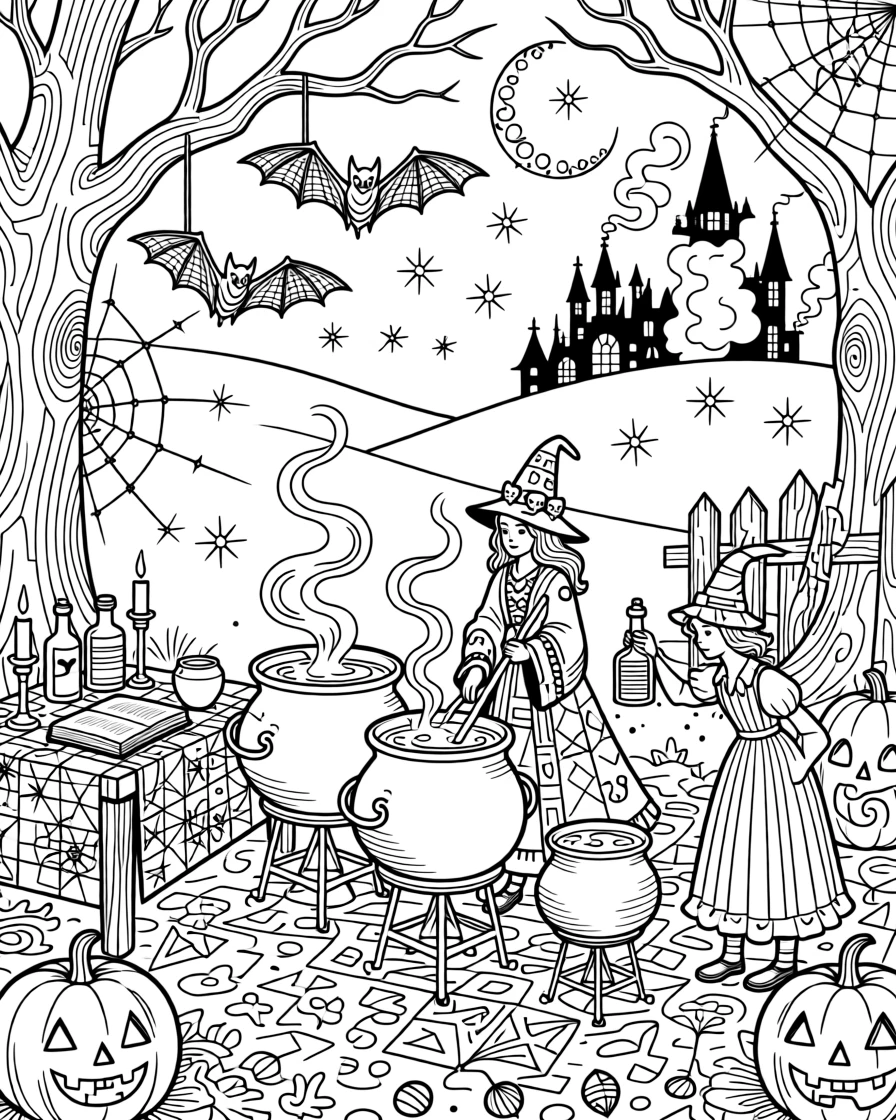 A Halloween witch's brew party scene with bubbling cauldrons and bats.