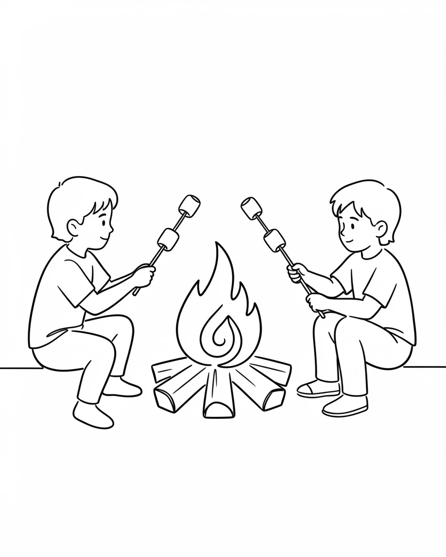 A summer camp bonfire with children roasting marshmallows on sticks
