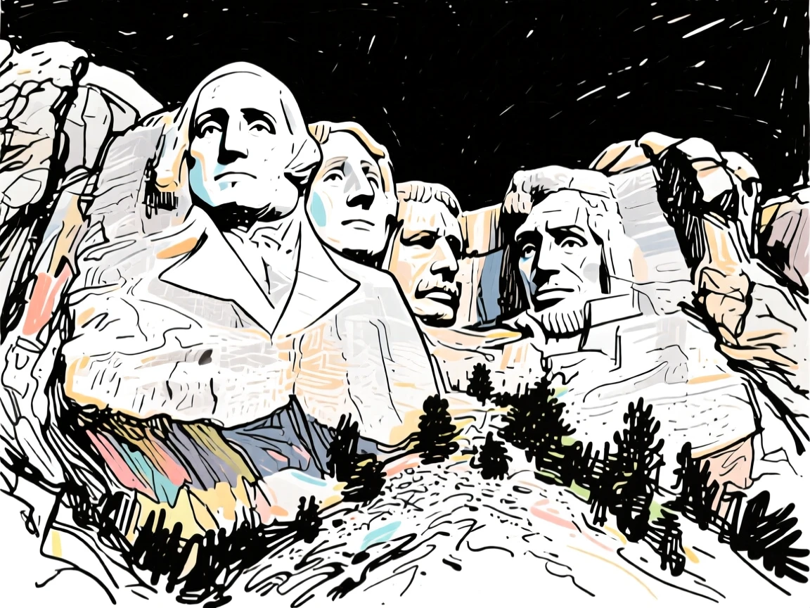 Mount Rushmore carved dramatically into a rugged mountainside.