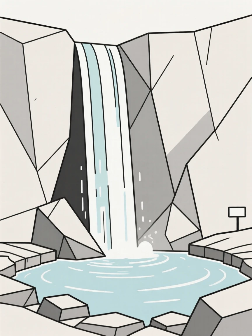 A tall waterfall cascading into a rocky pool