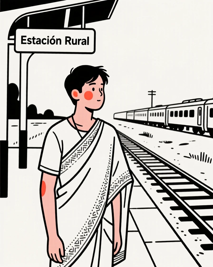 A young man of Mexican heritage wearing an embroidered sari, radiating quiet confidence, at a rural train station.