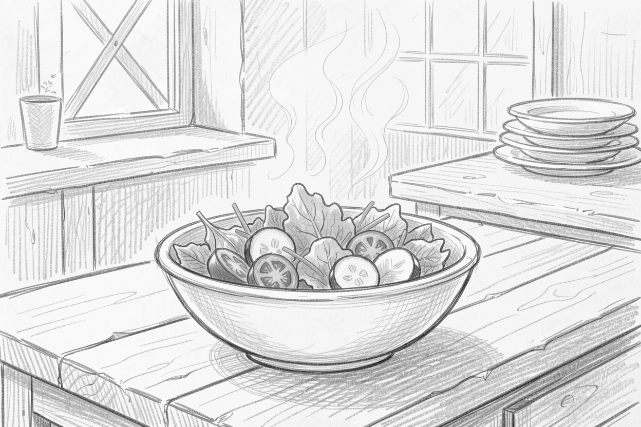 A bowl of fresh garden salad in a cozy farmhouse kitchen, with steam rising gently into the light.