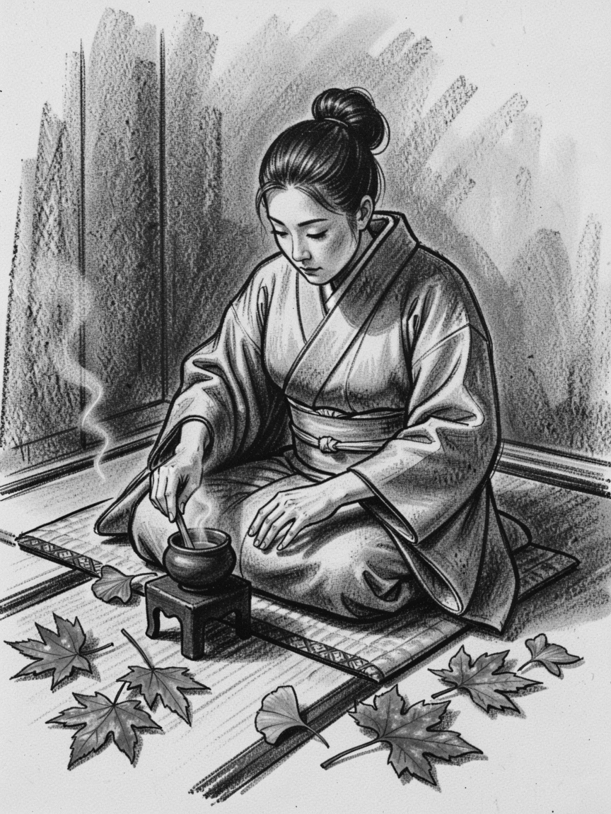 A traditional tea ceremony performed with quiet precision, with autumn leaves scattered underfoot.