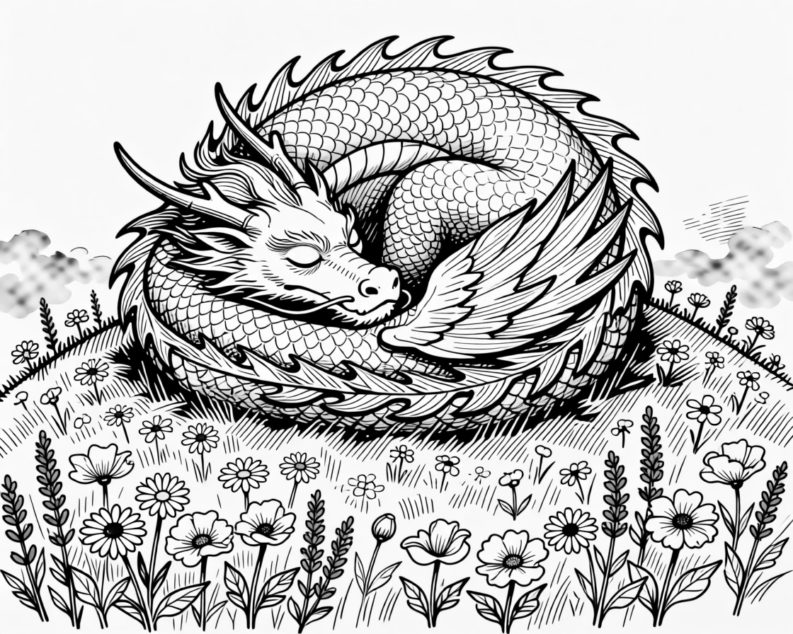 A dragon curled peacefully asleep atop a hill covered in wildflowers.