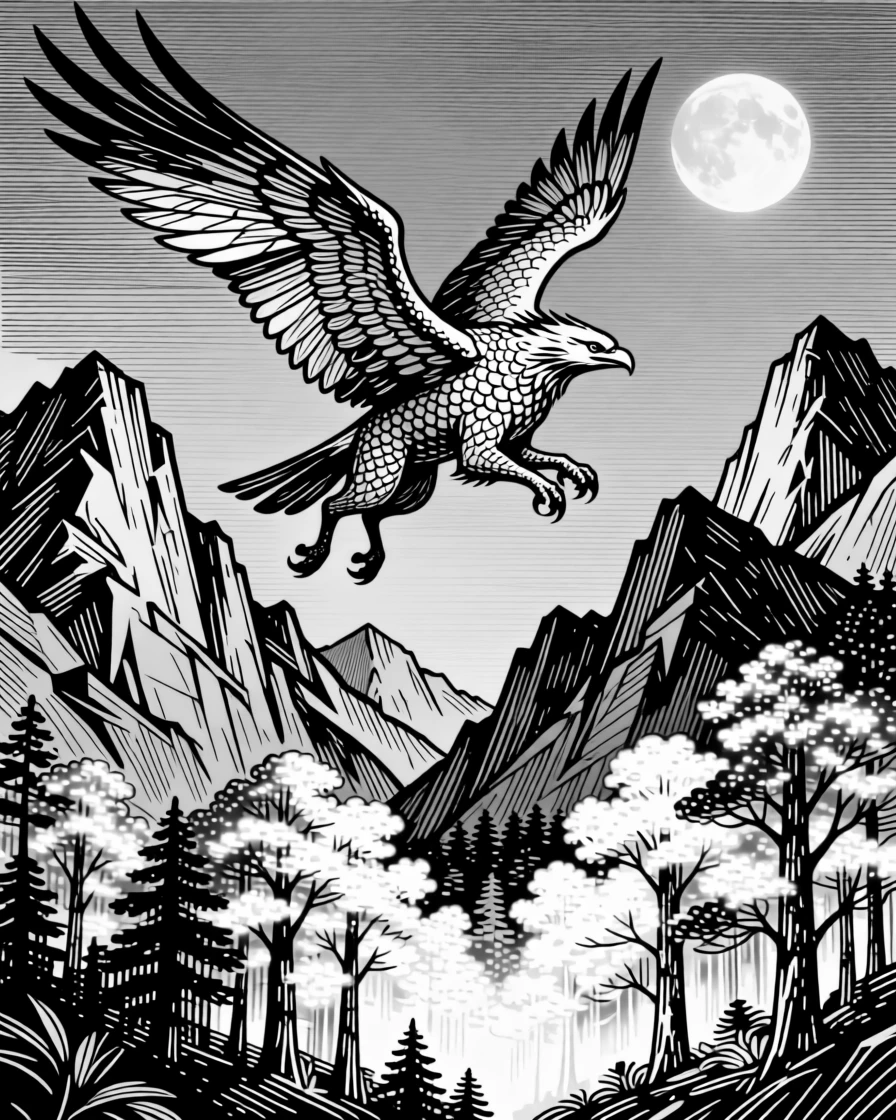 A griffin soaring above jagged peaks within a forest of towering luminous trees, with delicate scales catching the moonlight, forming a quietly wondrous fantasy scene.