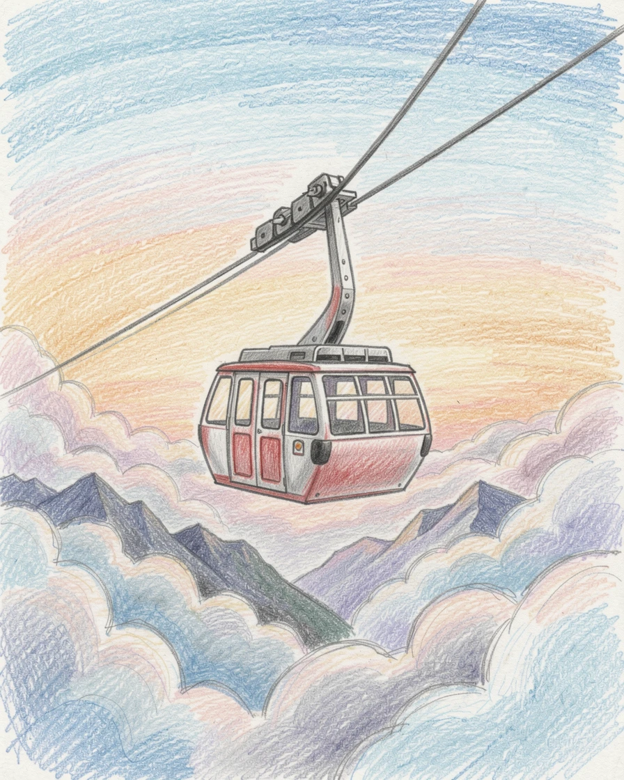 A mountain cable car ascending through clouds at sunrise, set against a softly lit, atmospheric backdrop, capturing a quiet story that lingers with the viewer.