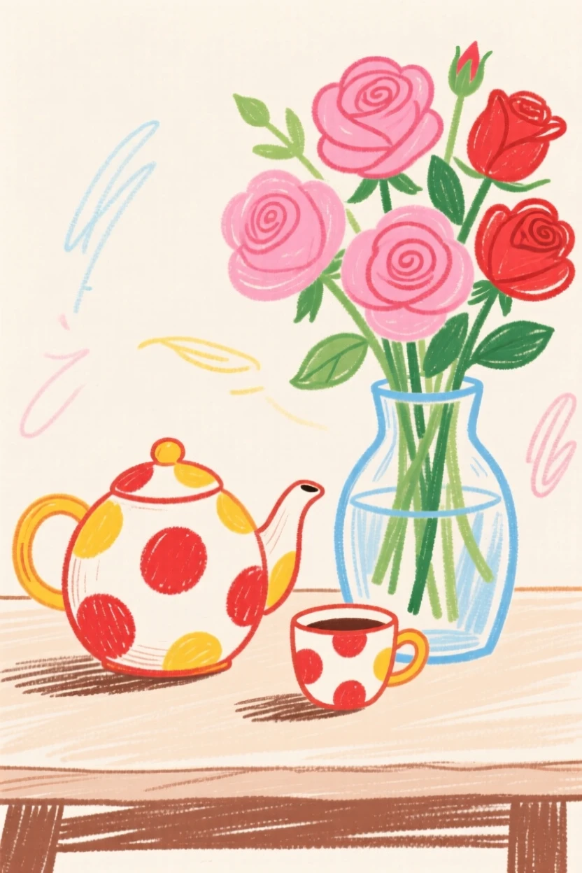 A teapot and cup set arranged neatly beside a vase of garden roses.