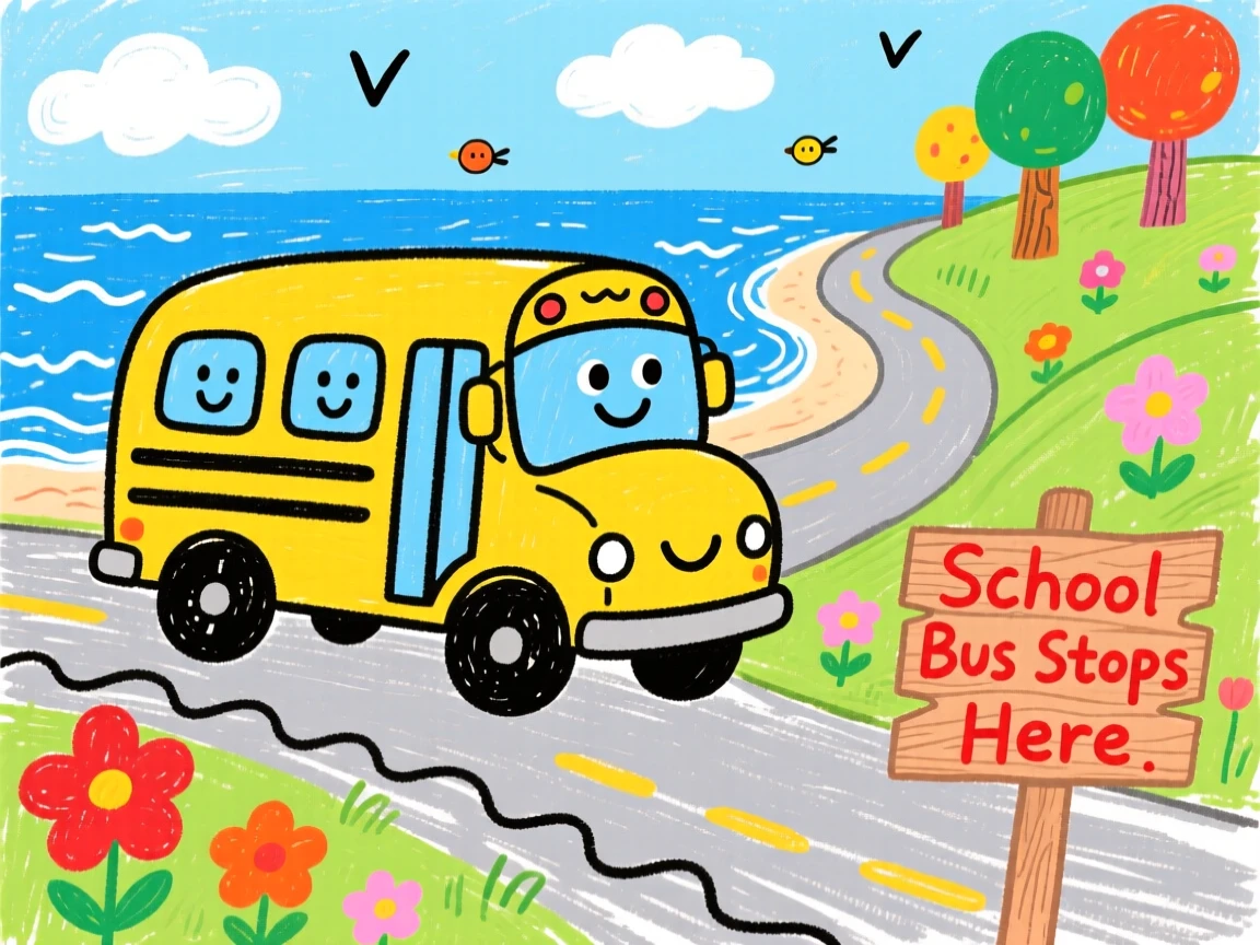 A big yellow school bus traveling along a winding coastal road.