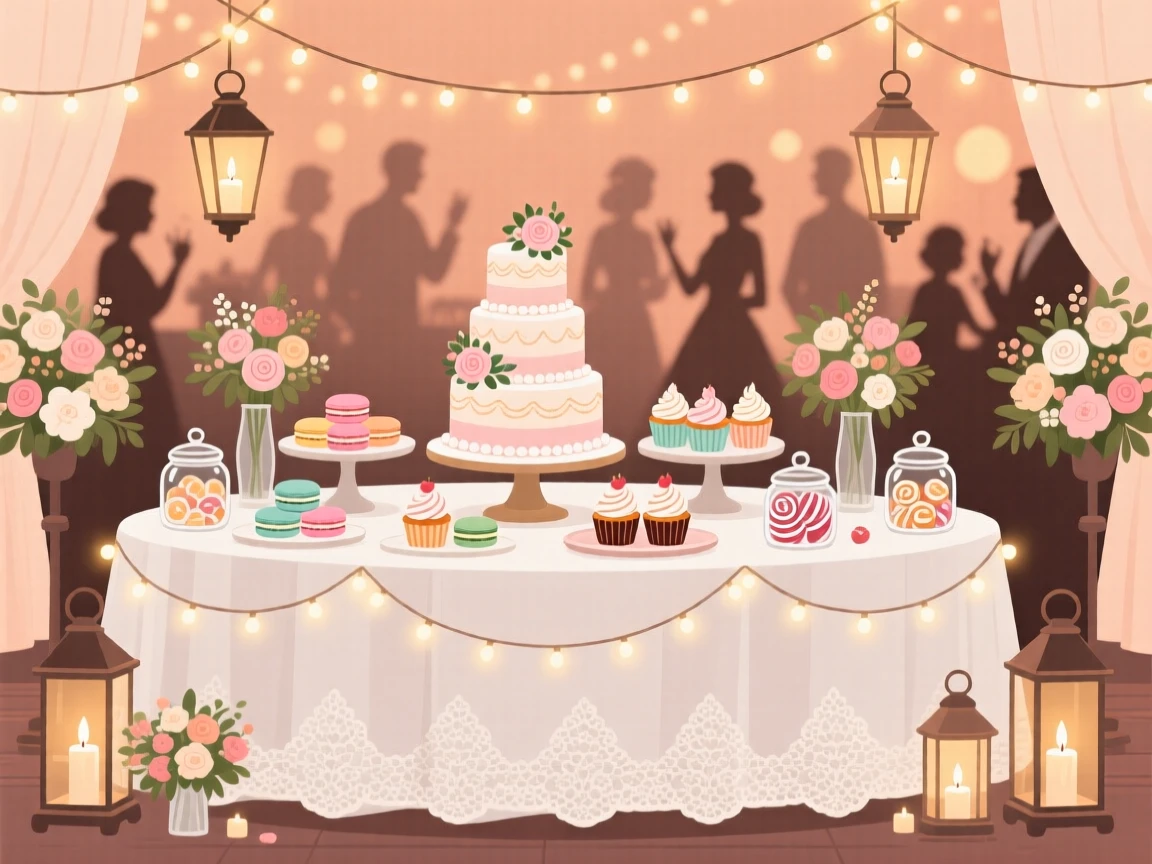 A wedding reception with a beautifully decorated dessert table, surrounded by joyful decorations and warm candlelight, framed with decorations arranged symmetrically for balance, with warm twinkling lights adding a magical sparkle.