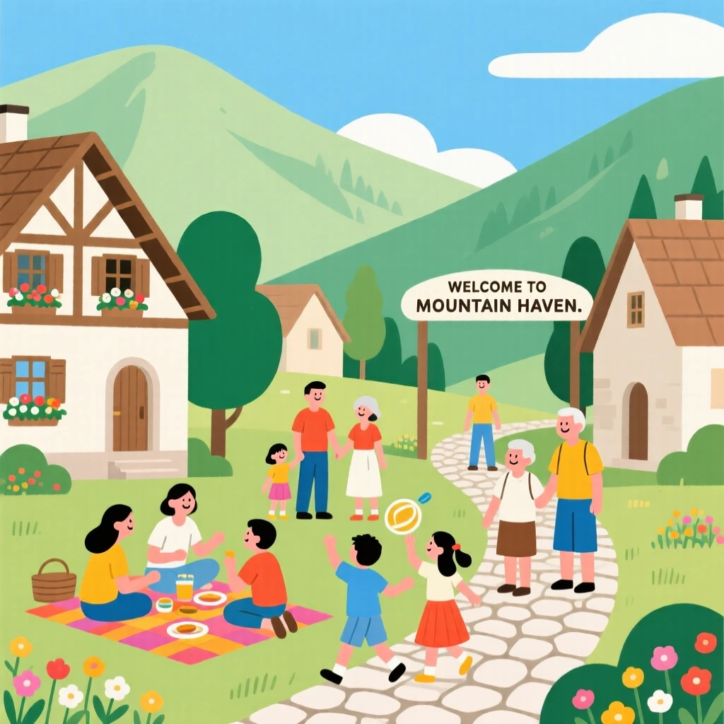 A summer scene of families gathering in a mountain village.