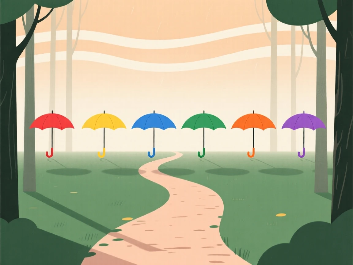 A summer heat haze covering a forest trail as a row of colorful umbrellas appears in the distance, full of nostalgic comfort.