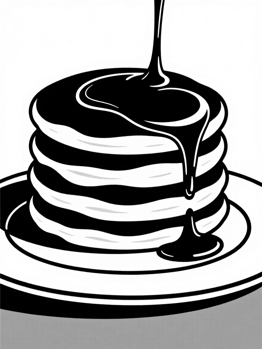 A stack of fluffy pancakes drizzled with syrup.