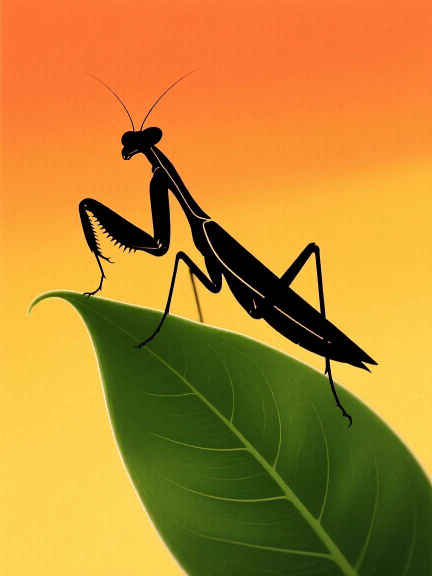 A single praying mantis perched on the edge of a green leaf.