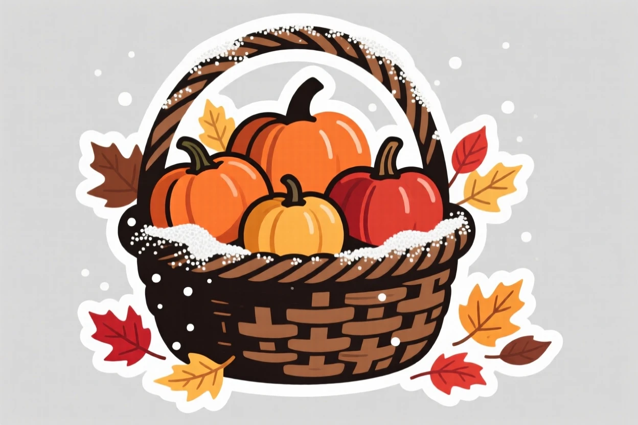 A cozy and heartwarming basket of freshly picked autumn pumpkins, with a light dusting of glittering snow, at a joyful family gathering.