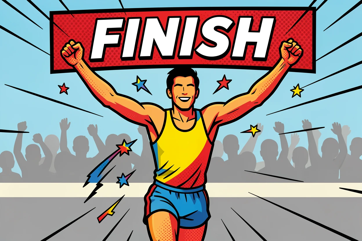 A runner crossing the finish line with arms raised in victory