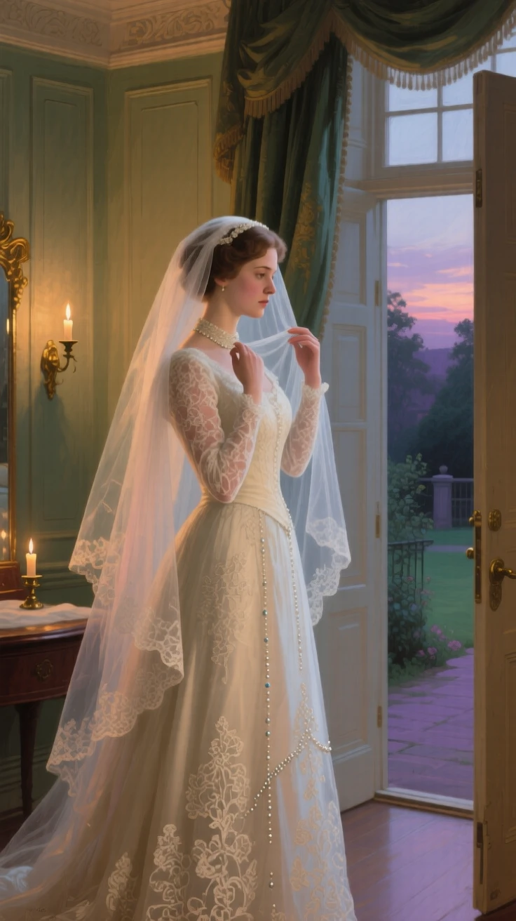 A well-framed scene of a bride adjusting her veil before stepping outside, at dusk, in the Edwardian era.