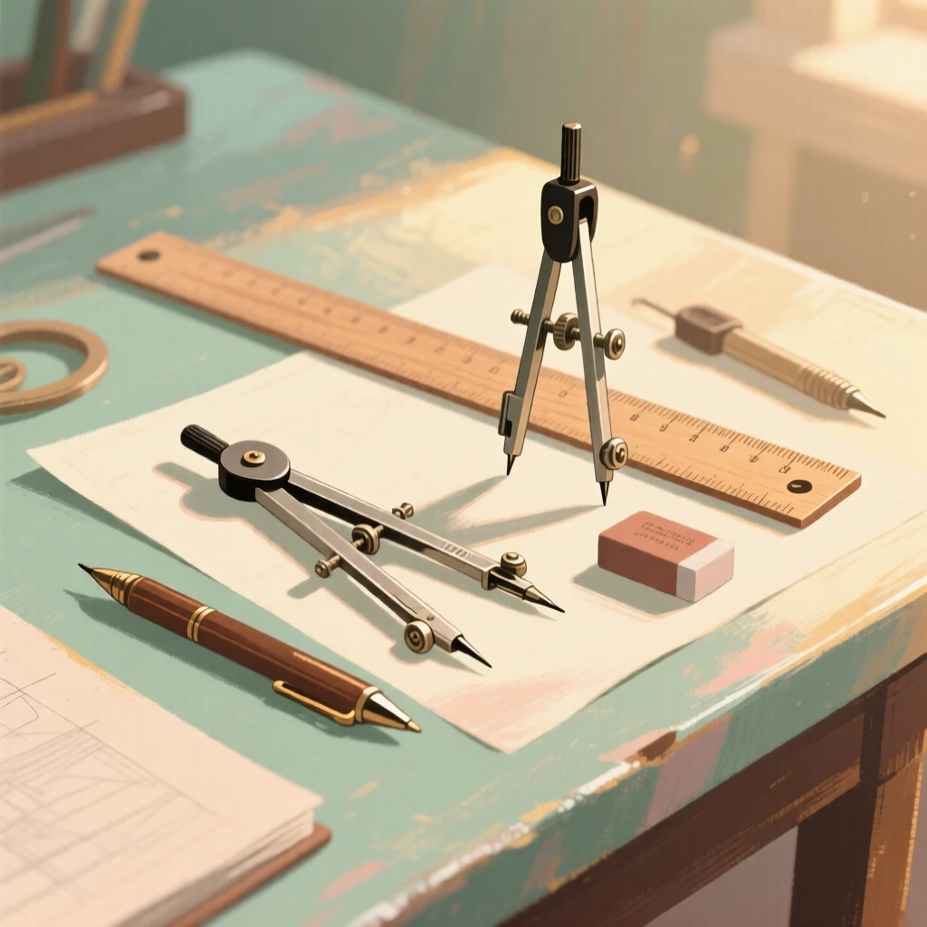 A vintage set of drafting tools laid out on a designer's table