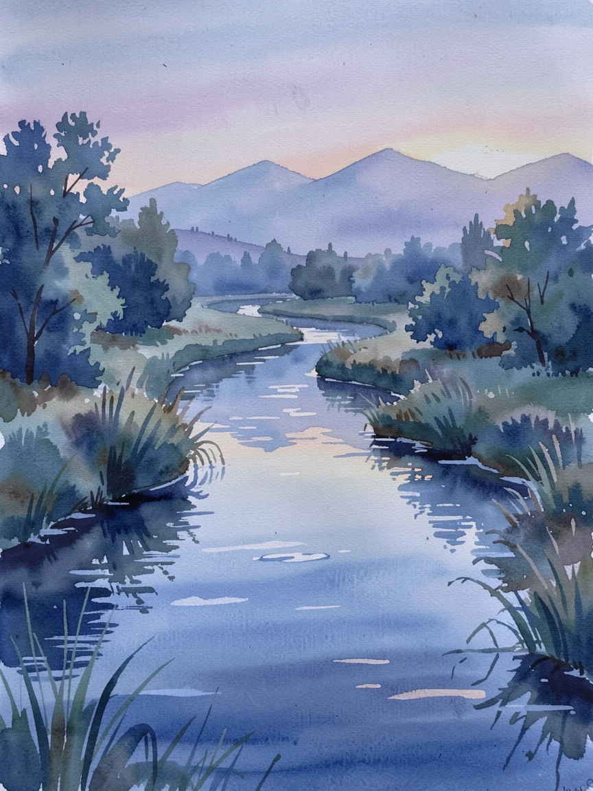 A winding river in the blue light of dusk with distant peaks fading into haze.